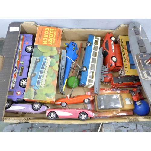 786 - Plastic buses and cars with wooden boats, some push and go **PLEASE NOTE THIS LOT IS NOT ELIGIBLE FO... 