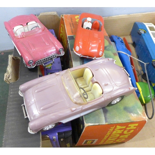 786 - Plastic buses and cars with wooden boats, some push and go **PLEASE NOTE THIS LOT IS NOT ELIGIBLE FO... 