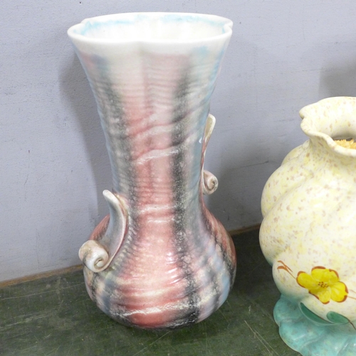 787 - A Shorter & Son jug with later applied decoration and three pieces of Art Deco pottery including two... 