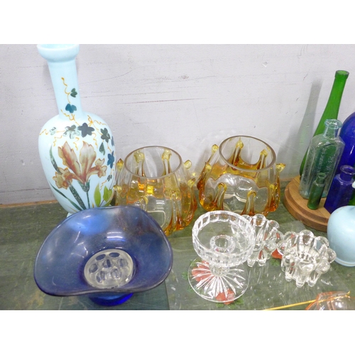 788 - Glassware including mid century - a pair of Murano lightshades, a pair of French candle sticks, a Ro... 