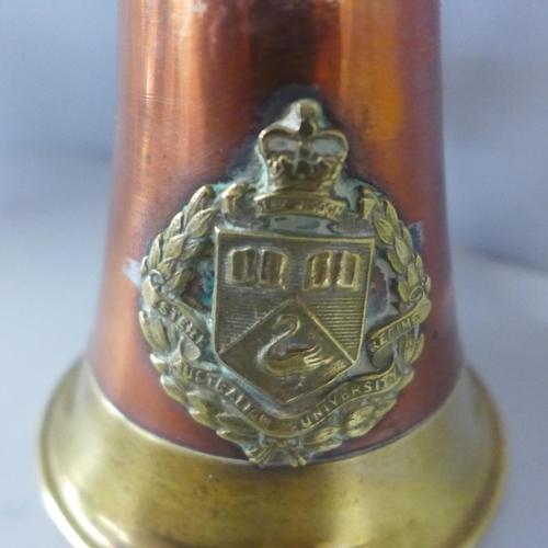 808 - Two military copper and brass bugles, one with Western Australia University Regiment badge