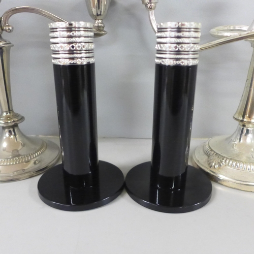 810 - A pair of Vera Wang candlesticks, boxes and a pair of plated candelabra