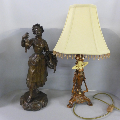 820 - A spelter figure, Marchande de Volailles and a figural Art Noveau style table lamp