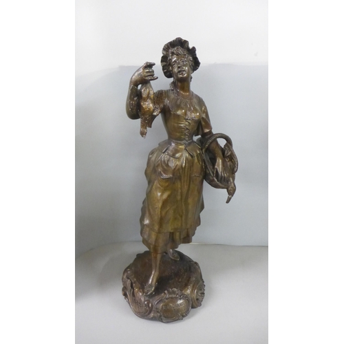 820 - A spelter figure, Marchande de Volailles and a figural Art Noveau style table lamp