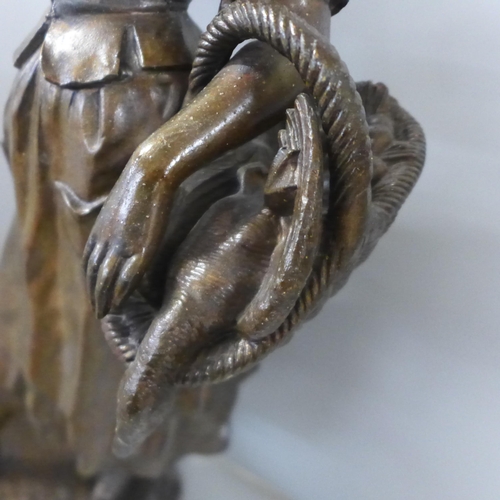 820 - A spelter figure, Marchande de Volailles and a figural Art Noveau style table lamp