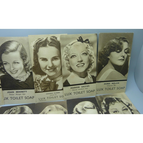 835 - Cinema trade cards, Lux Soap movie stars, 1930s, postcard size, 30