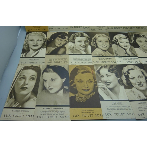 835 - Cinema trade cards, Lux Soap movie stars, 1930s, postcard size, 30