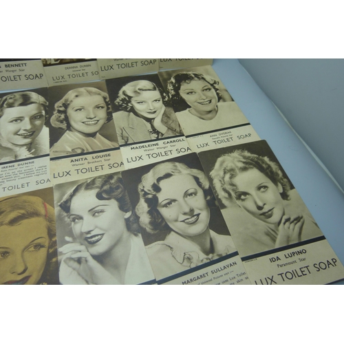 835 - Cinema trade cards, Lux Soap movie stars, 1930s, postcard size, 30