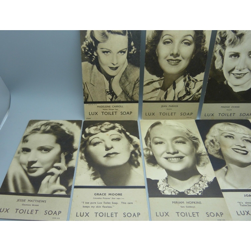 835 - Cinema trade cards, Lux Soap movie stars, 1930s, postcard size, 30