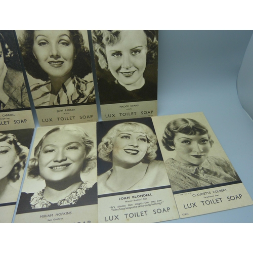 835 - Cinema trade cards, Lux Soap movie stars, 1930s, postcard size, 30