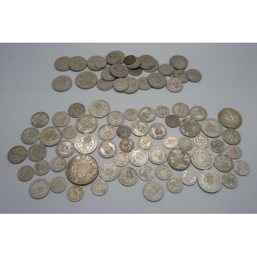 853 - A collection of 1920-1946 half silver coins, together with a silver 1887 half crown, total weight ap... 