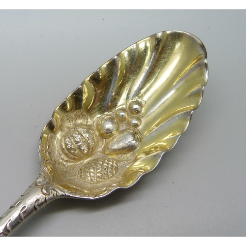 862 - An early silver berry spoon, 52.4g, (possibly London 1790)