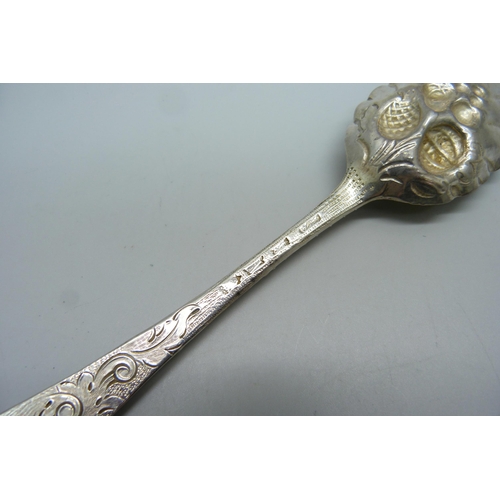 862 - An early silver berry spoon, 52.4g, (possibly London 1790)