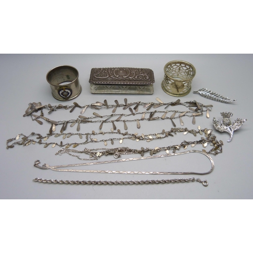 873 - A silver topped glass jar, a/f, a silver bracelet, a silver chain, other jewellery and two plated na... 