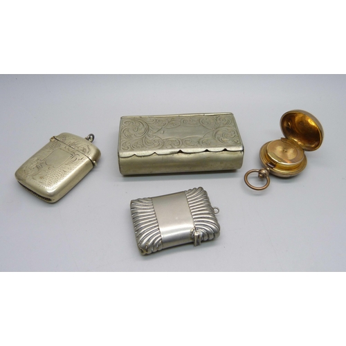 875 - A 12ct rolled gold sovereign case, two vesta cases and a snuff box