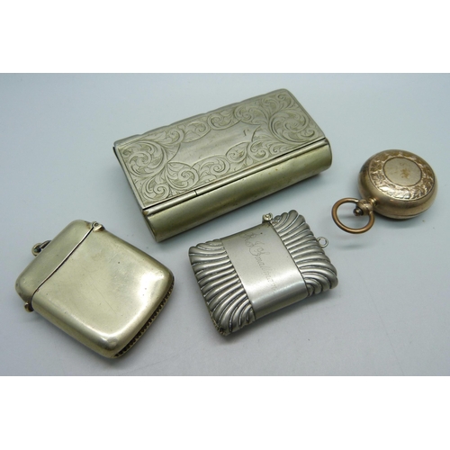 875 - A 12ct rolled gold sovereign case, two vesta cases and a snuff box