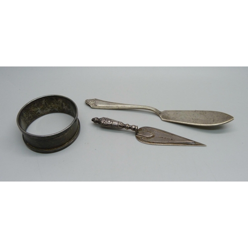 877 - A silver bookmark, Birmingham 1903, a silver butter knife and a silver napkin ring, 35g