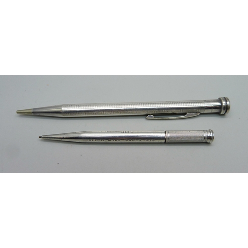 889 - A silver Mordan Everpoint propelling pencil, (engraved 'Gee to Mops March 1929'), and a sterling sil... 