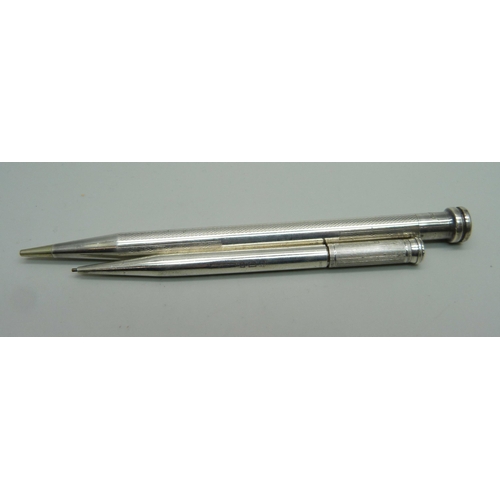 889 - A silver Mordan Everpoint propelling pencil, (engraved 'Gee to Mops March 1929'), and a sterling sil... 