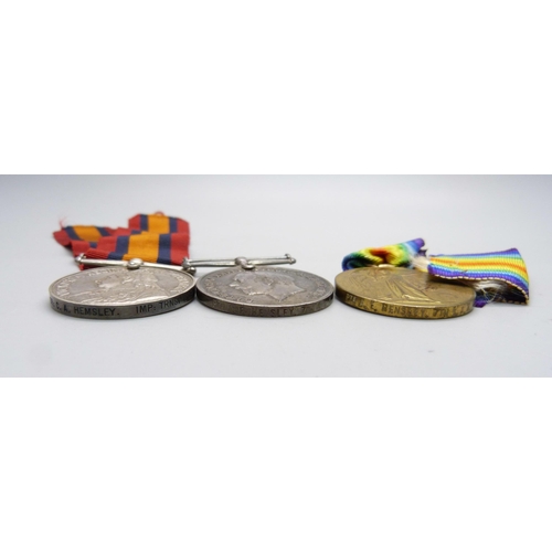 900 - A Queens's South Africa medal to Condr: C.A. Hemsley Imp: Trnspt: Ser: and a pair of WWI medals to P... 