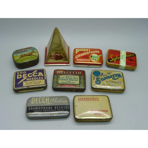 901 - Nine tins of vintage gramophone needles including Golden Pyramid, (one unopened)