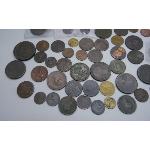 909 - A collection of coins including a cartwheel 2 penny and cartwheel pennies, one marked 'B. Hall Glazi... 