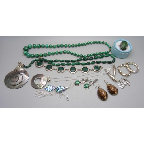 912 - A collection of silver and white metal set jewellery including malachite and mother of pearl