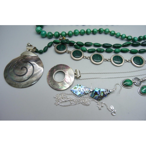 912 - A collection of silver and white metal set jewellery including malachite and mother of pearl