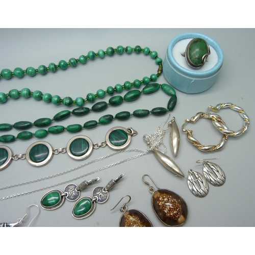 912 - A collection of silver and white metal set jewellery including malachite and mother of pearl