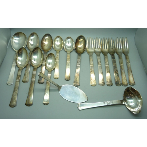 928 - A collection of Danish white metal cutlery, marked Absa, with crown and bishop