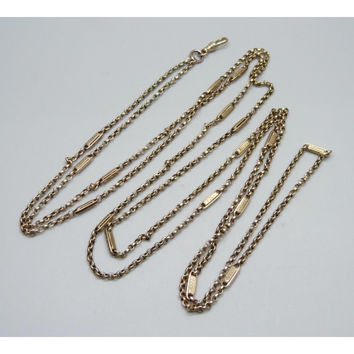 945 - An antique fancy link long guard chain, loop marked 9ct gold, 27.9g, 166cm