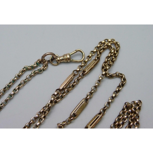 945 - An antique fancy link long guard chain, loop marked 9ct gold, 27.9g, 166cm