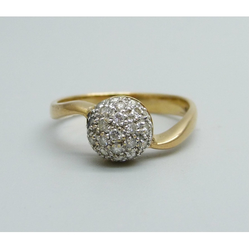 953 - A pave set 18ct gold and diamond cluster ring, 3.2g, L