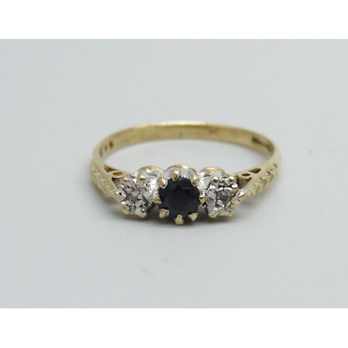 954 - A 9ct gold sapphire and diamond ring, 1.3g, K