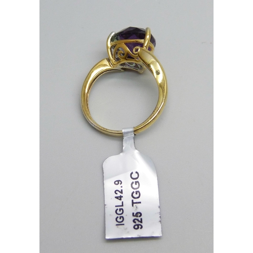 956 - A silver gilt trilliant cut fluorite ring, S