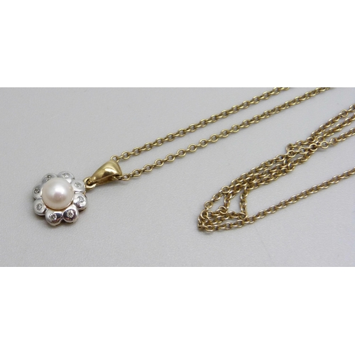 959 - A 9ct gold diamond and pearl pendant on a 9ct gold chain, 3.3g, chain 50cm