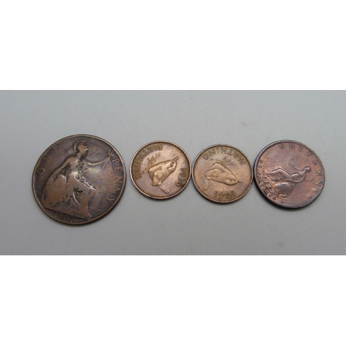 978 - A George III 1799 one farthing coin and three other coins