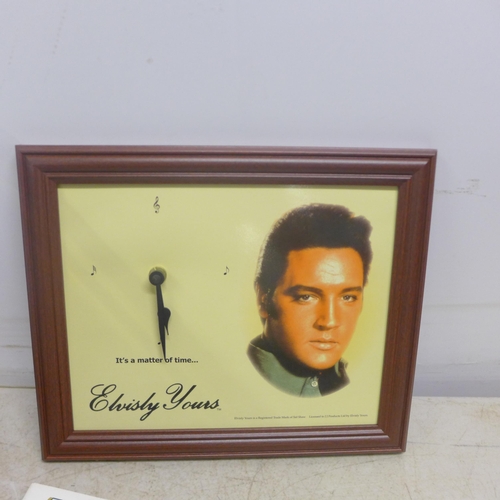 2054 - A quantity of Elvis Presley memorabilia including clocks, mugs, fridge magnets, books, magazines, sc... 