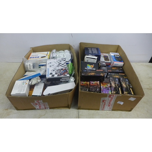 2085 - 2 boxes of assorted unused items including globe string lights, projection lamps, Flynova LED flying... 