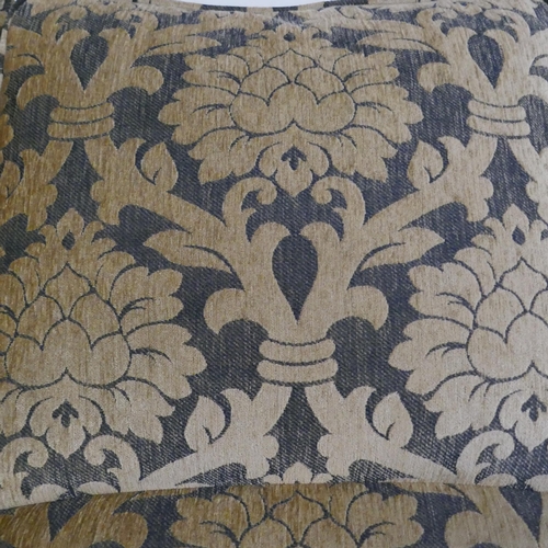 1521 - A gold floral upholstered three piece suite and a blue upholstered love seat - damaged