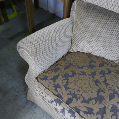 1521 - A gold floral upholstered three piece suite and a blue upholstered love seat - damaged