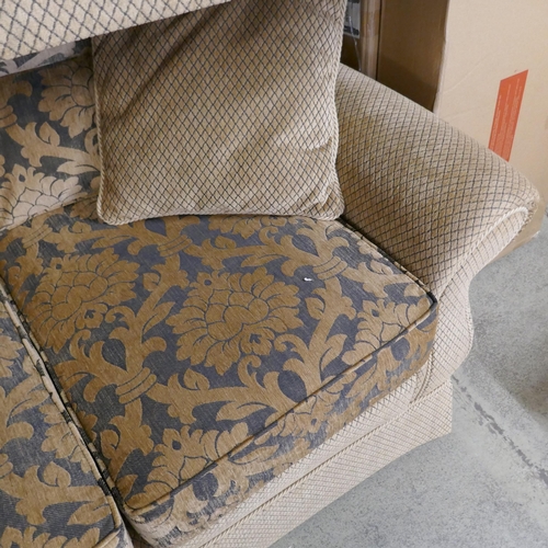 1521 - A gold floral upholstered three piece suite and a blue upholstered love seat - damaged