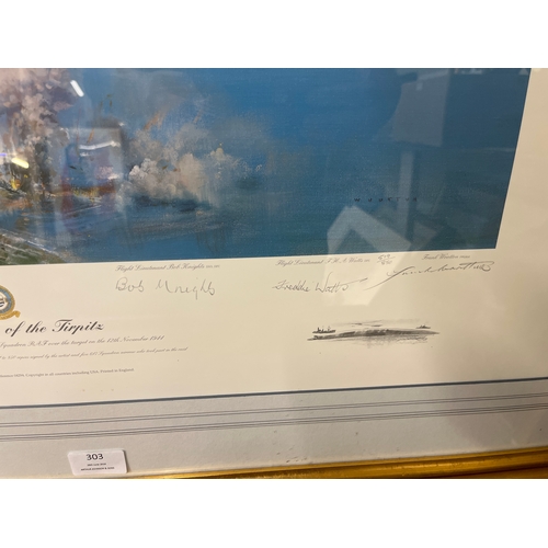 303 - A  Frank Wooton limited edition print, The Sinking of the Tirpitz, signed by the artist and pilots, ... 