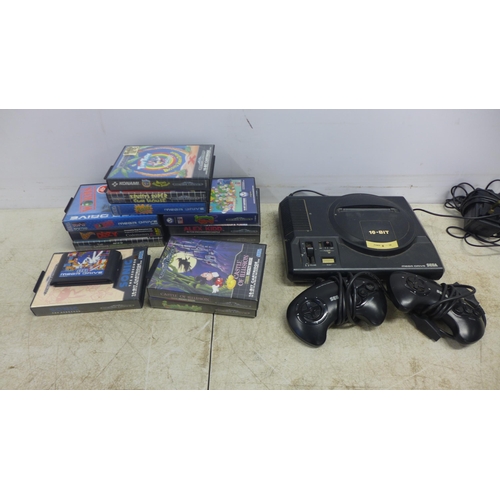 2094 - A Sega Mega Drive games console with two wired controllers, power supply and video cable and 13 game... 