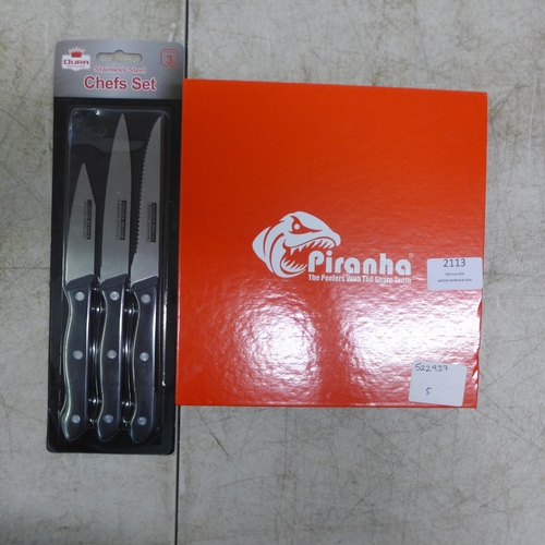 2113 - A Piranha peeler set and a Dura 3 piece chefs knife set