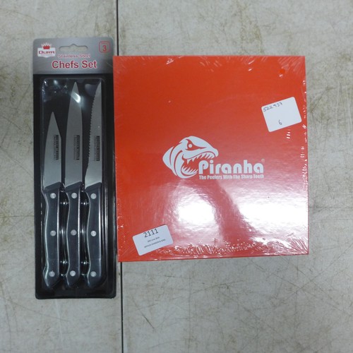 2112 - A Piranha peeler set and a Dura 3 piece chefs knife set