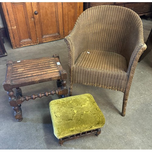 237 - Two oak stools and a wicker armchair