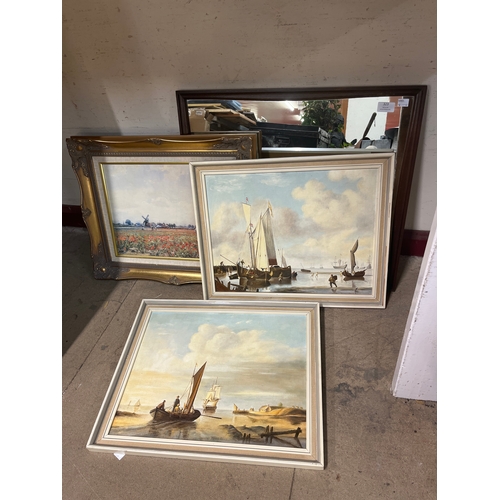 323 - Two English School marine landscapes, oil on board, a print and a mirror