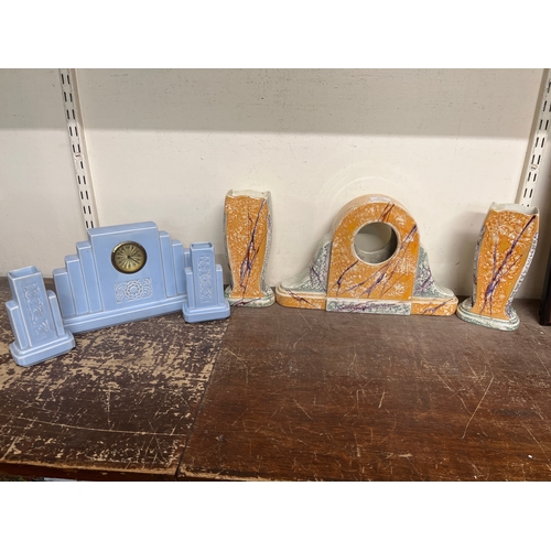 332 - Two Art Deco ceramic clock garnitures (one lacking dial and movement)