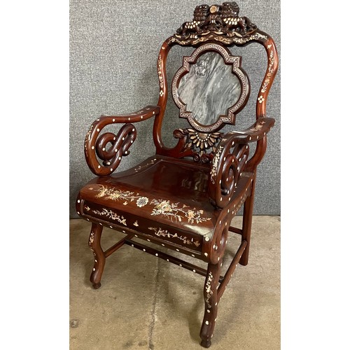 111 - A Chinese hardwood, mother of pearl inlaid and marble back armchair